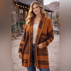LUCKY BRAND Burnt Orange SOUTHWEST Tribal HOODED Open FRONT Cardigan SWEATER L